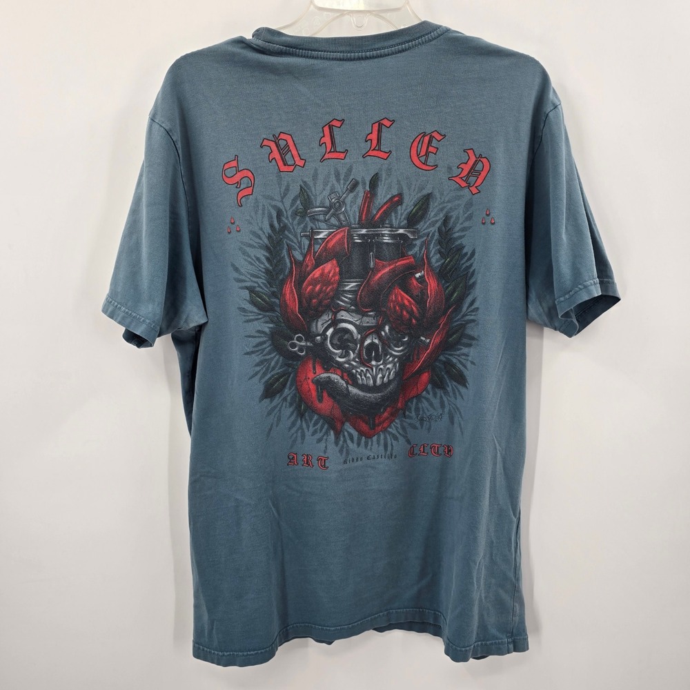 Sullen Art Collective Men's Large Blue Graphic T-Shirt Skull Rose Tattoo‎ Art
